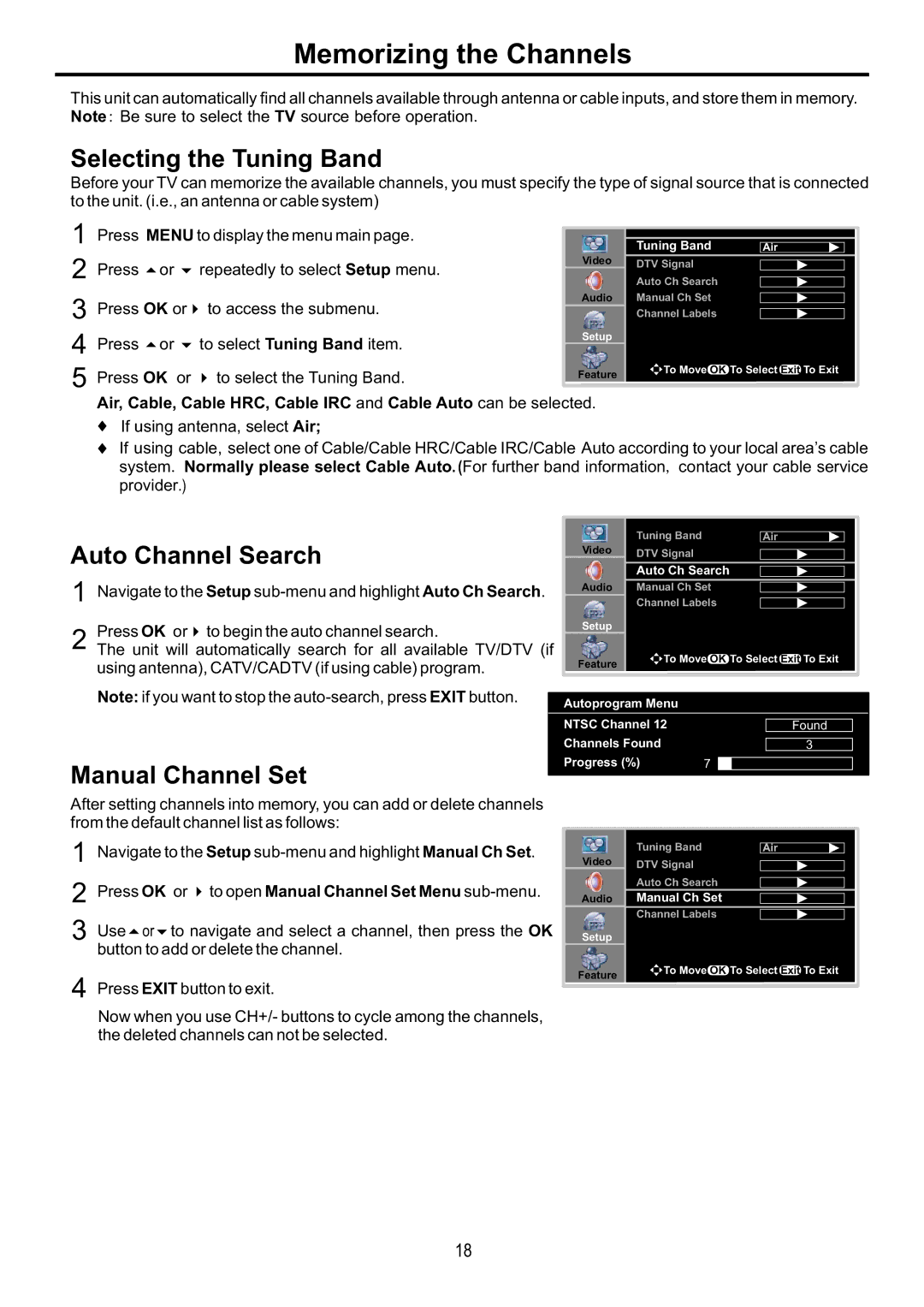 Audiovox FPE4217P manual Memorizing the Channels, Selecting the Tuning Band, Auto Channel Search, Manual Channel Set 