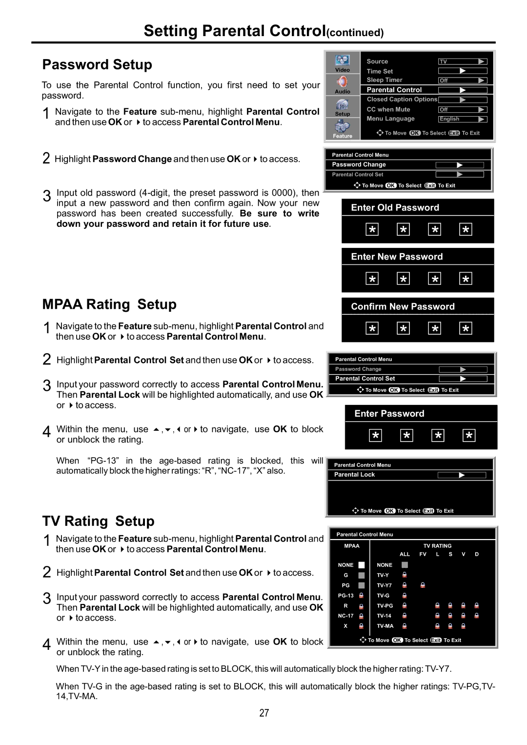 Audiovox FPE4217P manual Password Setup, Mpaa Rating Setup, TV Rating Setup 