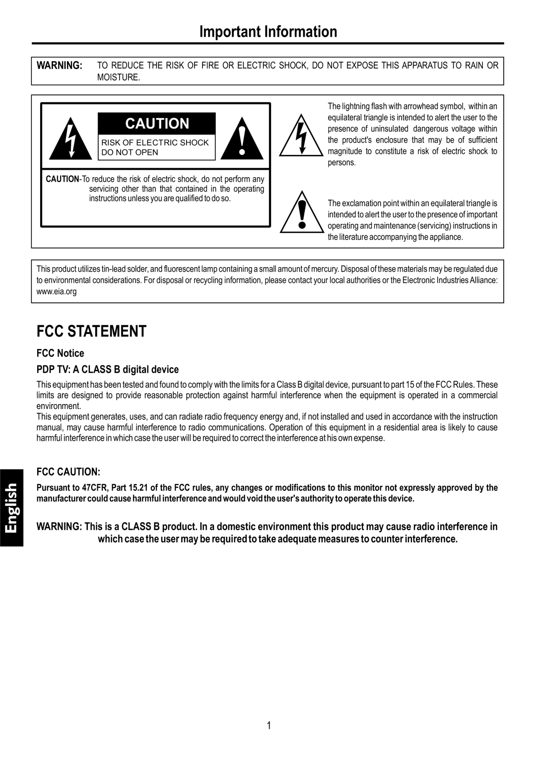 Audiovox FPE4217P manual Important Information, FCC Notice PDP TV a Class B digital device 