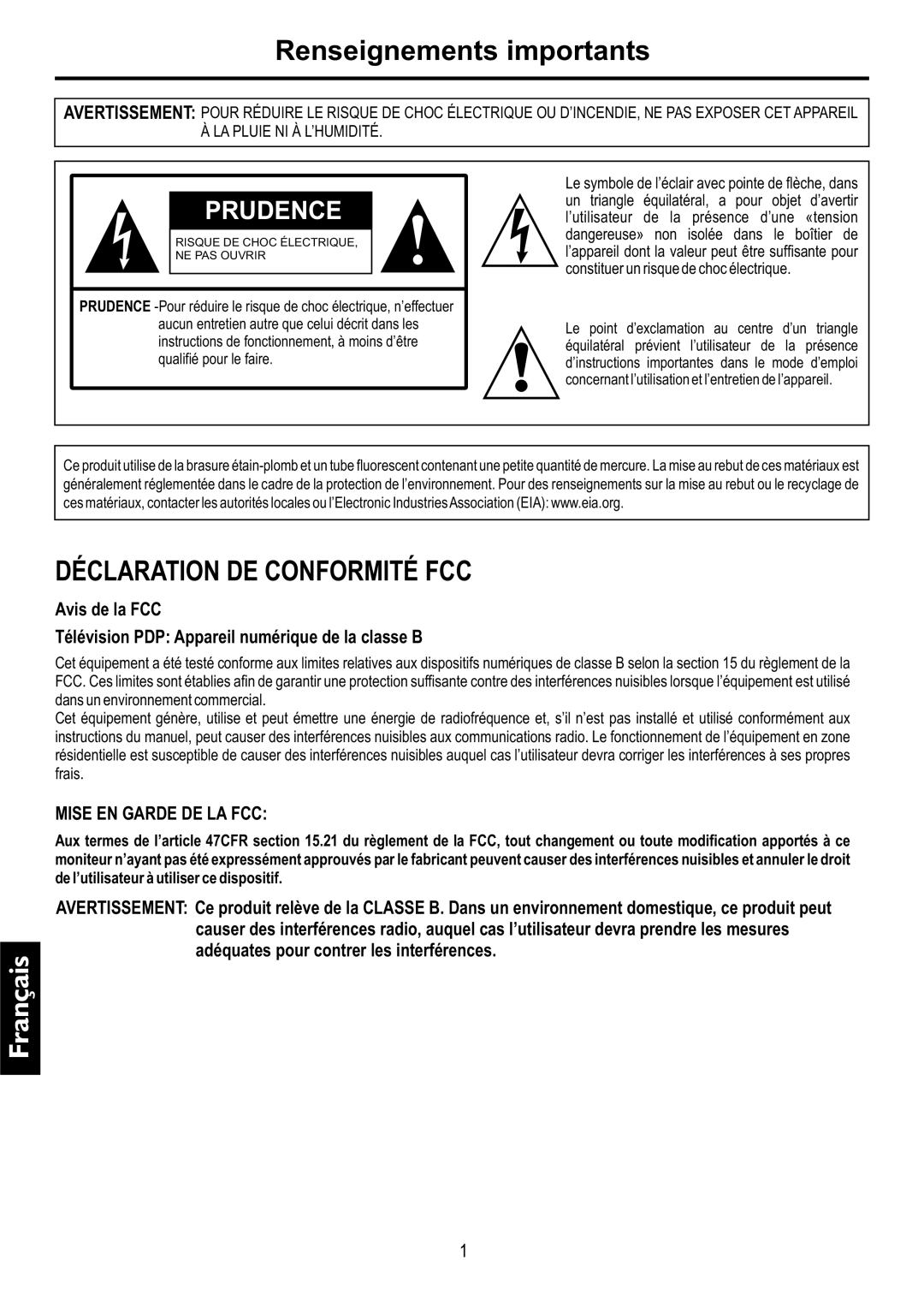 Audiovox FPE4217P manual Renseignements importants, Prudence 