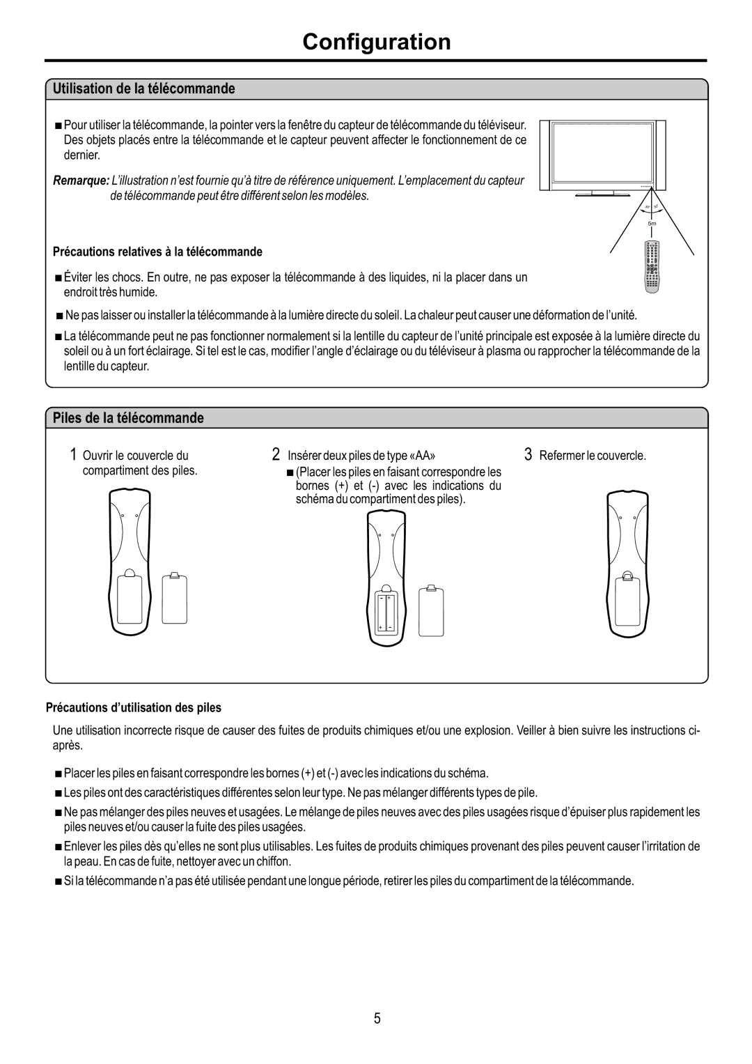 Audiovox FPE4217P manual Configuration, Utilisation de la télécommande, Piles de la télécommande 