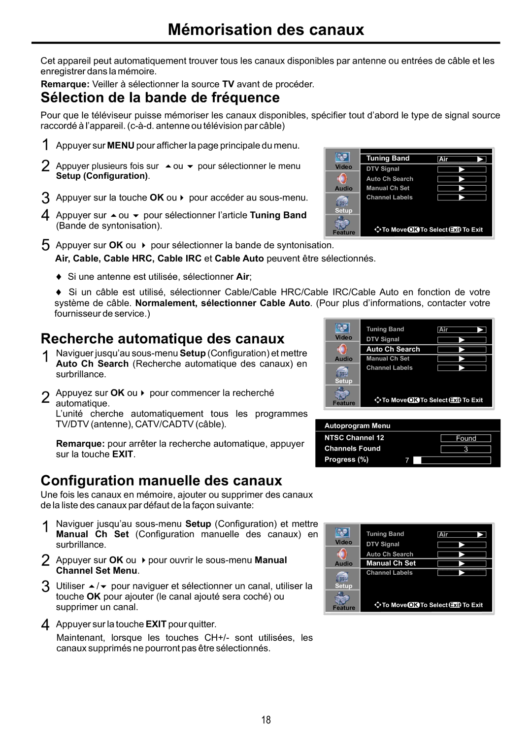 Audiovox FPE4217P manual Mémorisation des canaux, Sélection de la bande de fréquence, Recherche automatique des canaux 