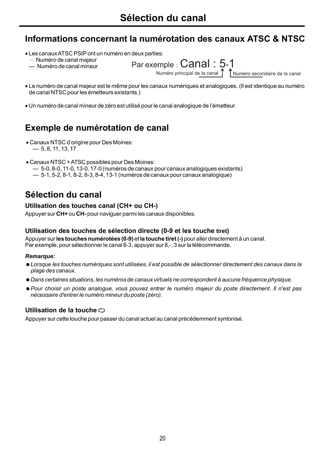 Audiovox FPE4217P manual Sélection du canal, Exemple de numérotation de canal, Utilisation des touches canal CH+ ou CH 