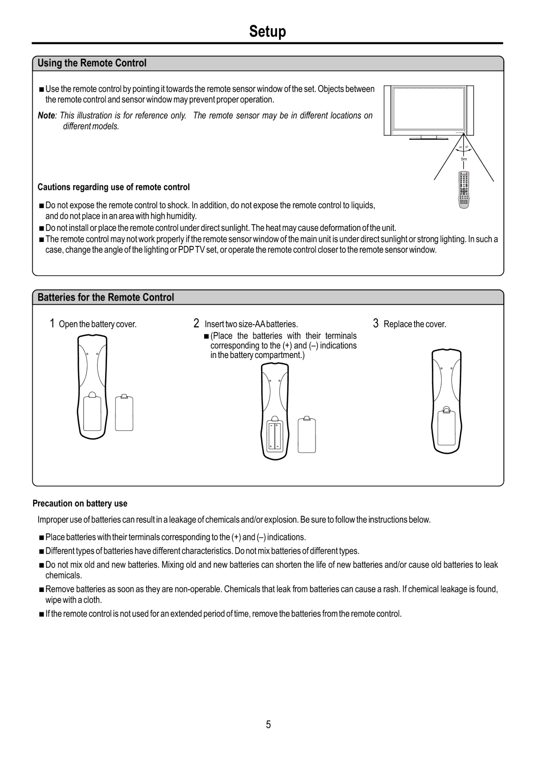 Audiovox FPE4217P manual Setup, Using the Remote Control, Batteries for the Remote Control, Precaution on battery use 