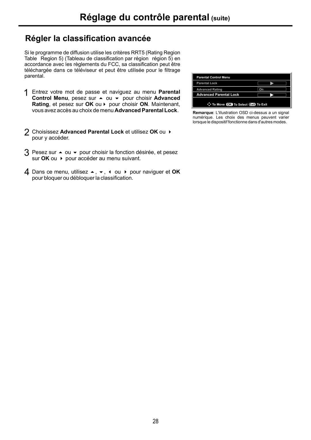 Audiovox FPE4217P manual Régler la classification avancée 