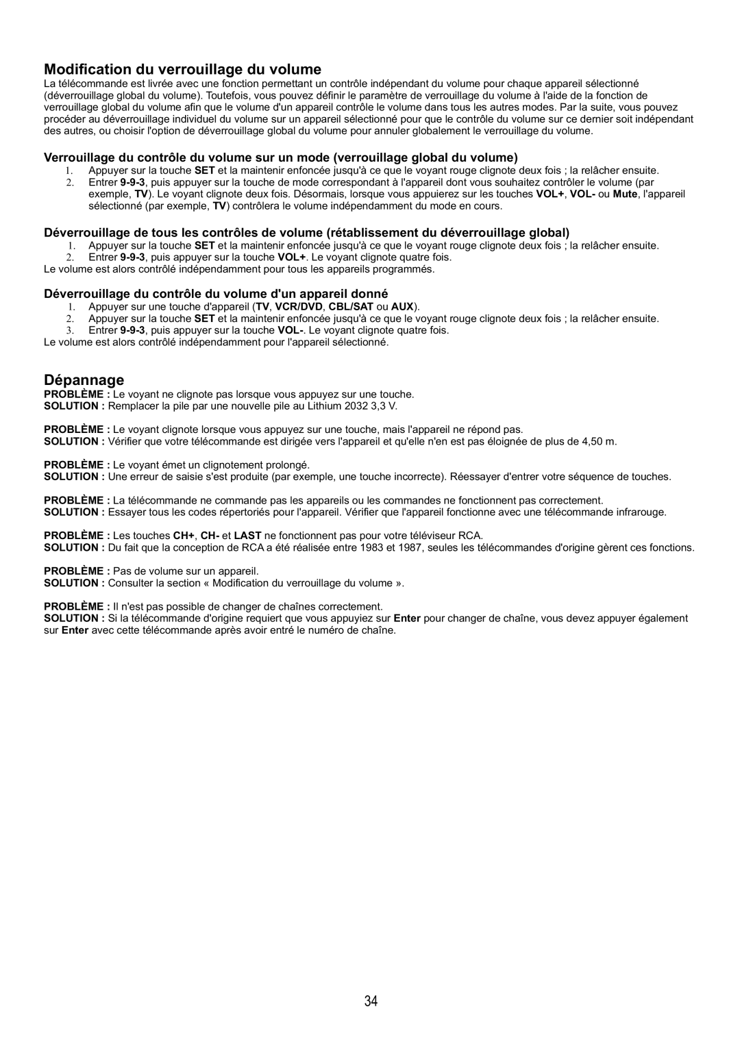 Audiovox FPE4217P manual Modification du verrouillage du volume, Dépannage 