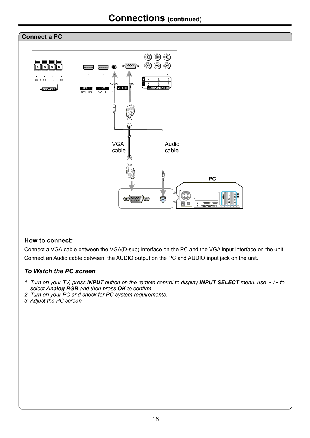 Audiovox FPE4707HR manual Connect a PC, To Watch the PC screen 