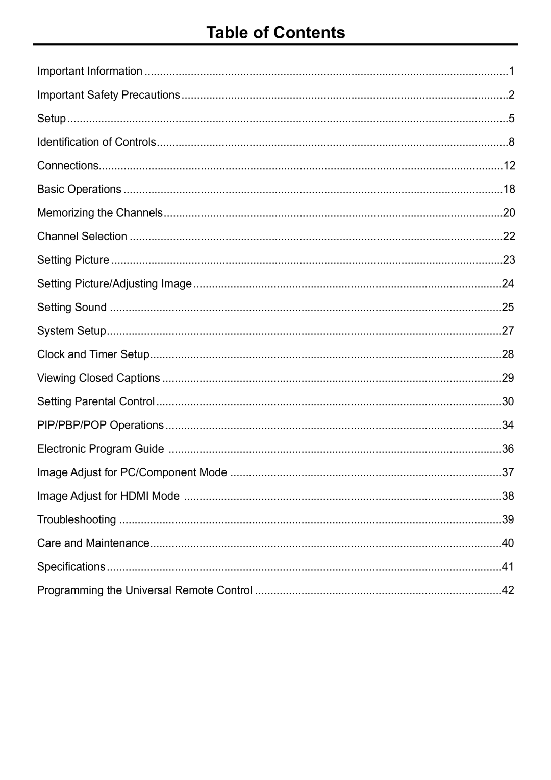 Audiovox FPE4707HR manual Table of Contents 