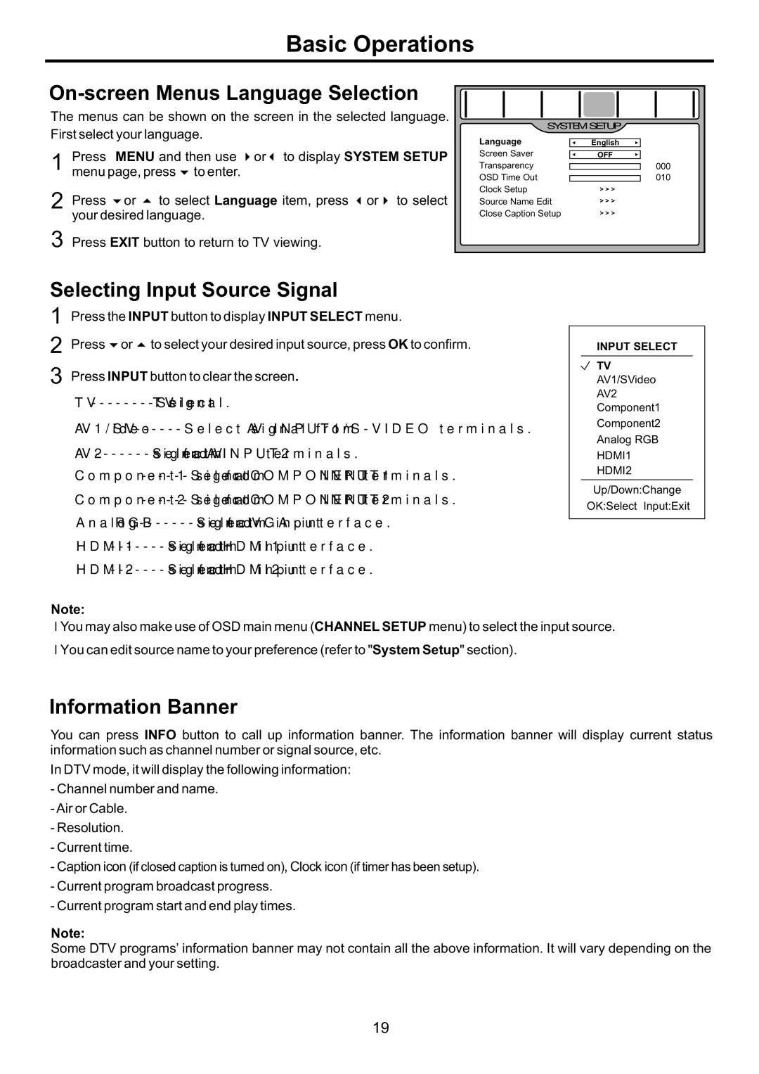 Audiovox FPE4707HR manual On-screen Menus Language Selection, Selecting Input Source Signal, Information Banner 