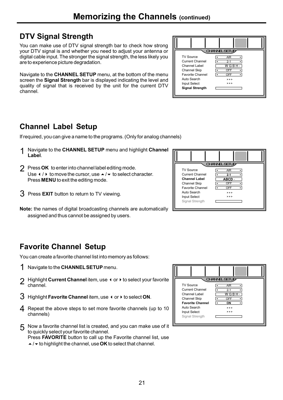 Audiovox FPE4707HR manual DTV Signal Strength, Channel Label Setup, Favorite Channel Setup 