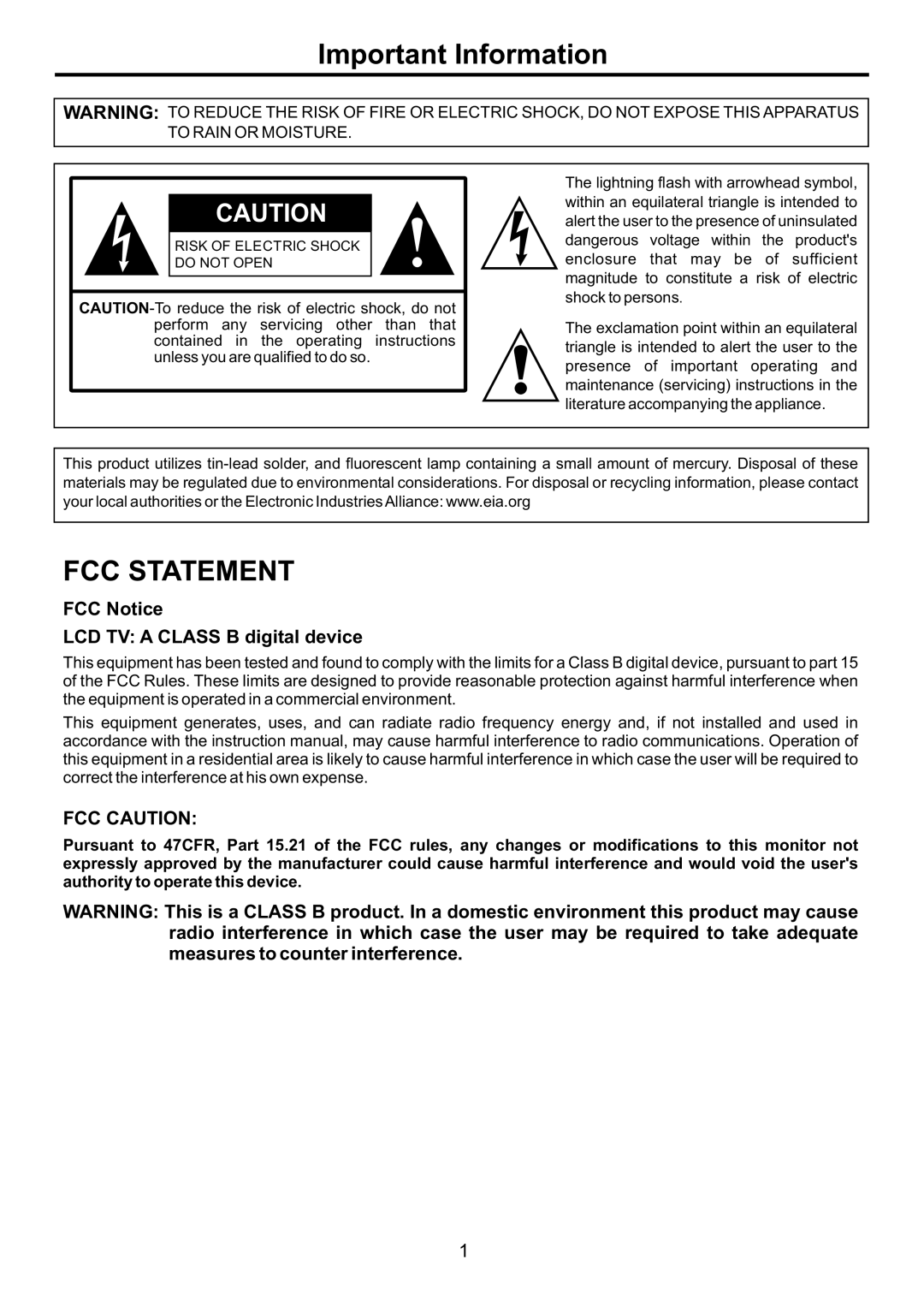 Audiovox FPE4707HR manual Important Information, FCC Notice LCD TV a Class B digital device 