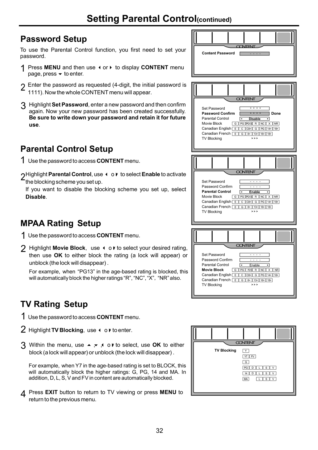 Audiovox FPE4707HR manual Password Setup, Parental Control Setup, Mpaa Rating Setup, TV Rating Setup 