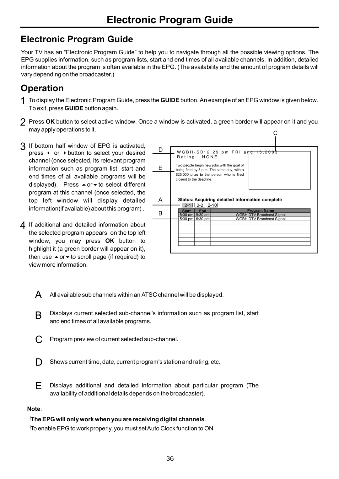 Audiovox FPE4707HR manual Electronic Program Guide, Operation, EPG will only work when you are receiving digital channels 