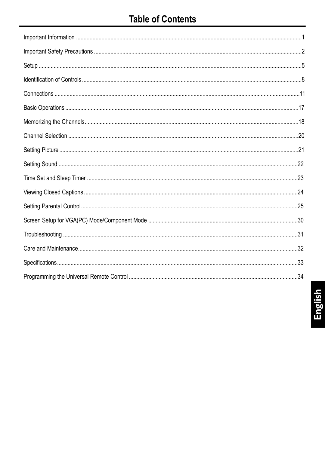 Audiovox FPE6317P manual Table of Contents, English 