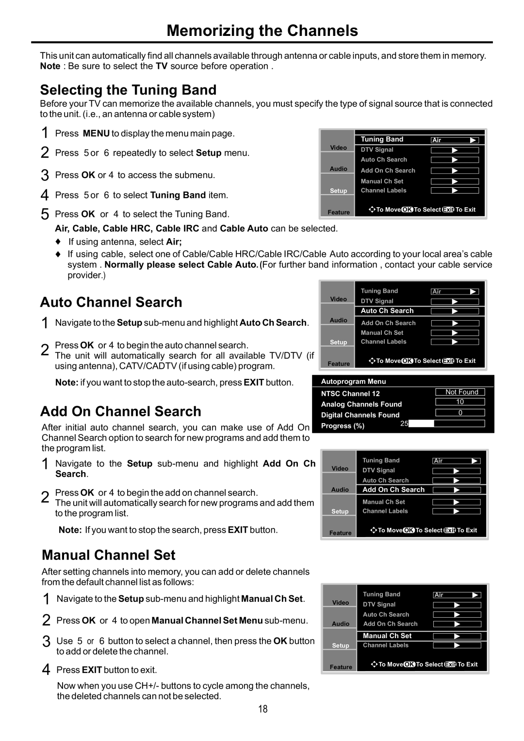 Audiovox FPE6317P manual Memorizing the Channels, Selecting the Tuning Band, Auto Channel Search, Add On Channel Search 