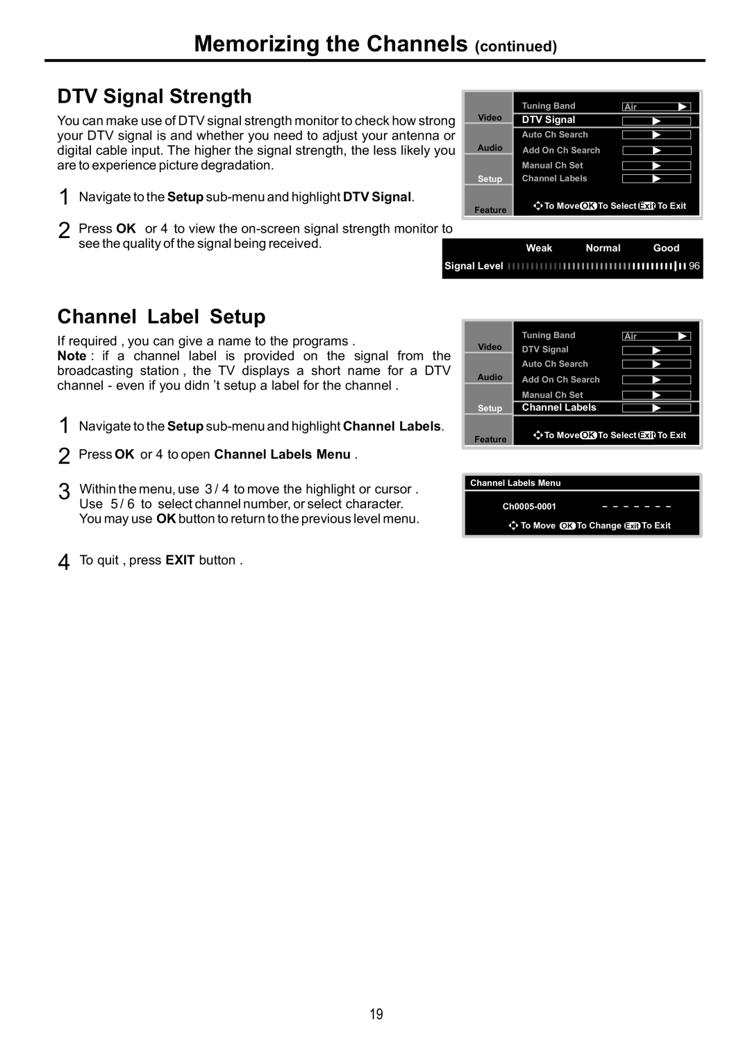 Audiovox FPE6317P manual DTV Signal Strength, Channel Label Setup, Press OK or4to open Channel Labels Menu 