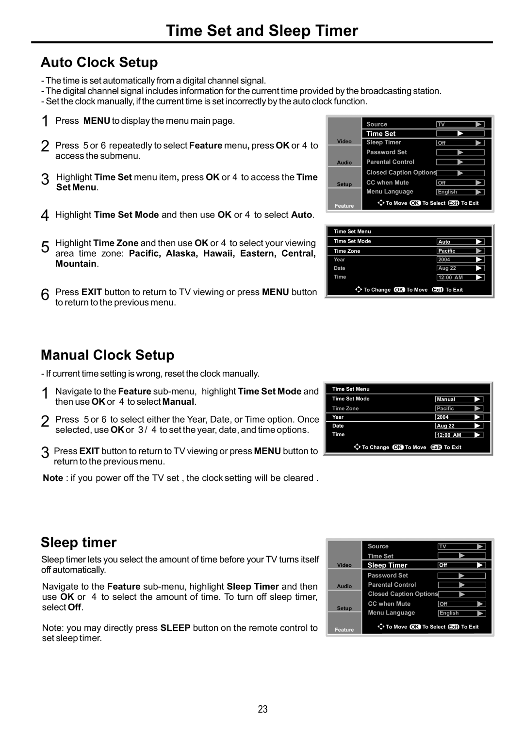 Audiovox FPE6317P manual Time Set and Sleep Timer, Auto Clock Setup, Manual Clock Setup, Sleep timer, Mountain 