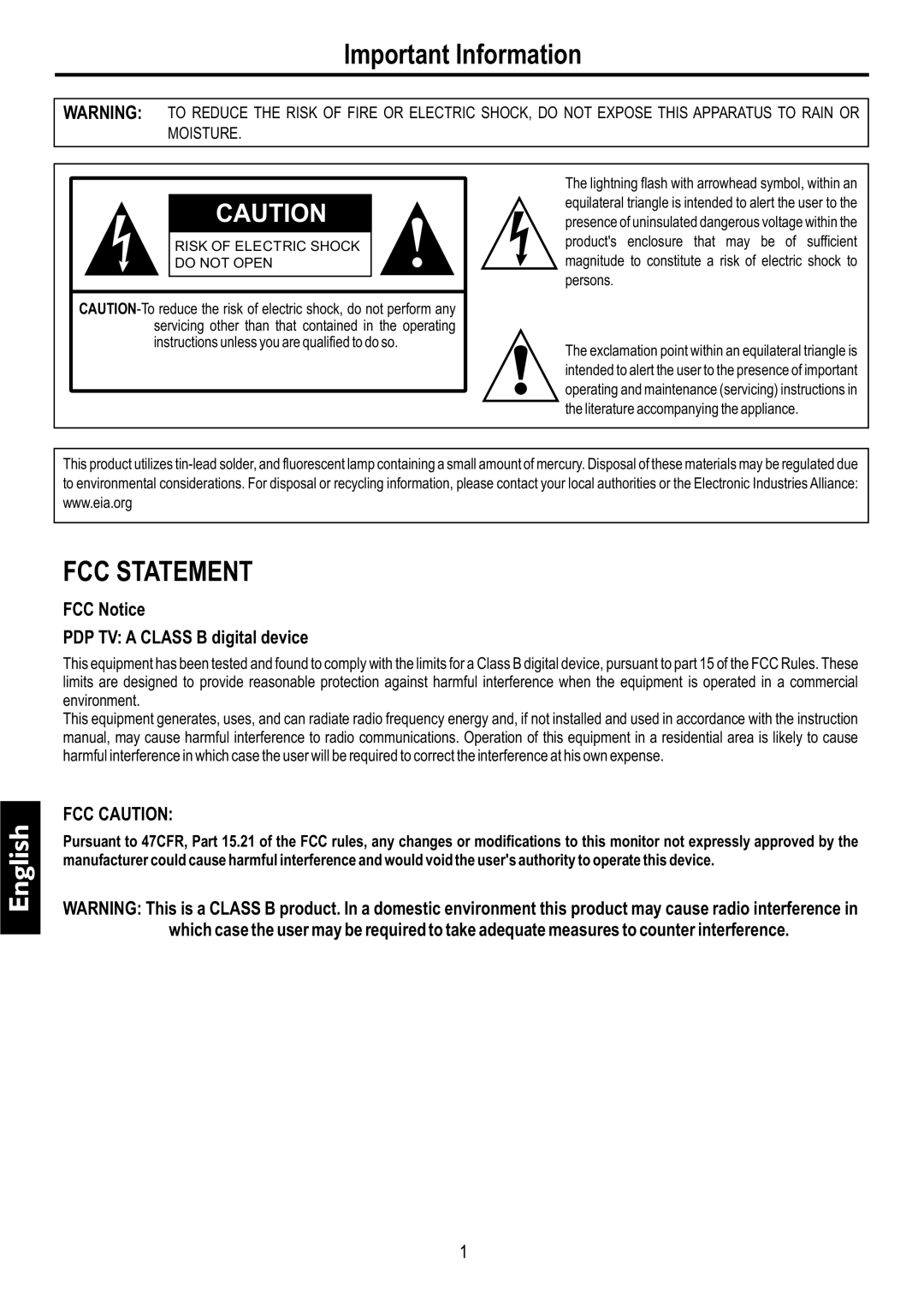 Audiovox FPE6317P manual Important Information, FCC Notice PDP TV a Class B digital device 