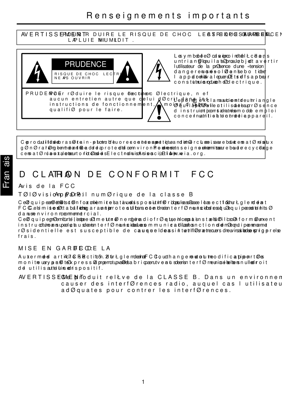 Audiovox FPE6317P manual Renseignements importants, Prudence 