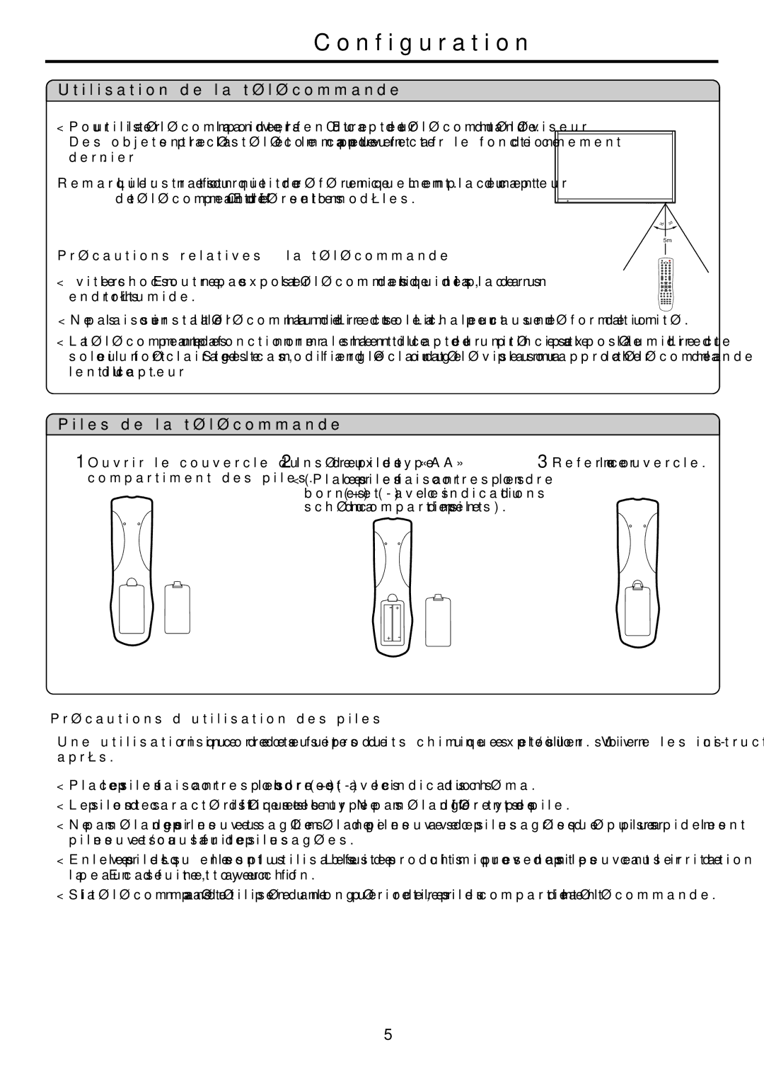 Audiovox FPE6317P manual Configuration, Utilisation de la télécommande, Piles de la télécommande 