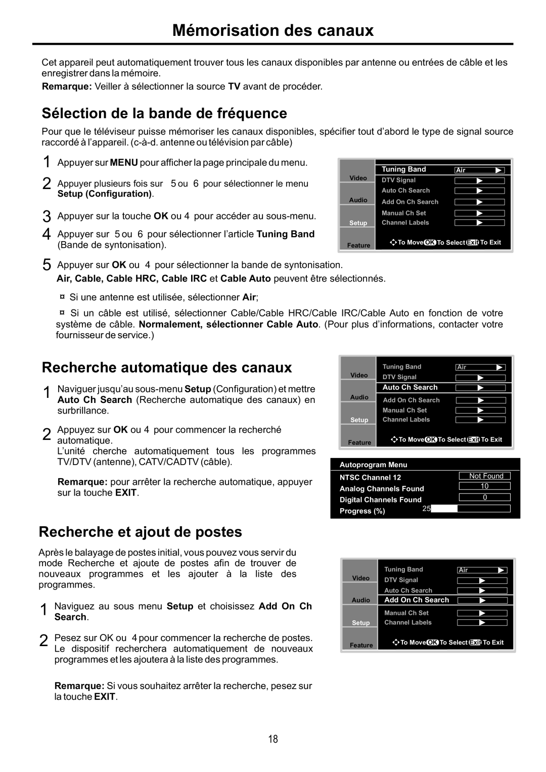 Audiovox FPE6317P manual Mémorisation des canaux, Sélection de la bande de fréquence, Recherche automatique des canaux 