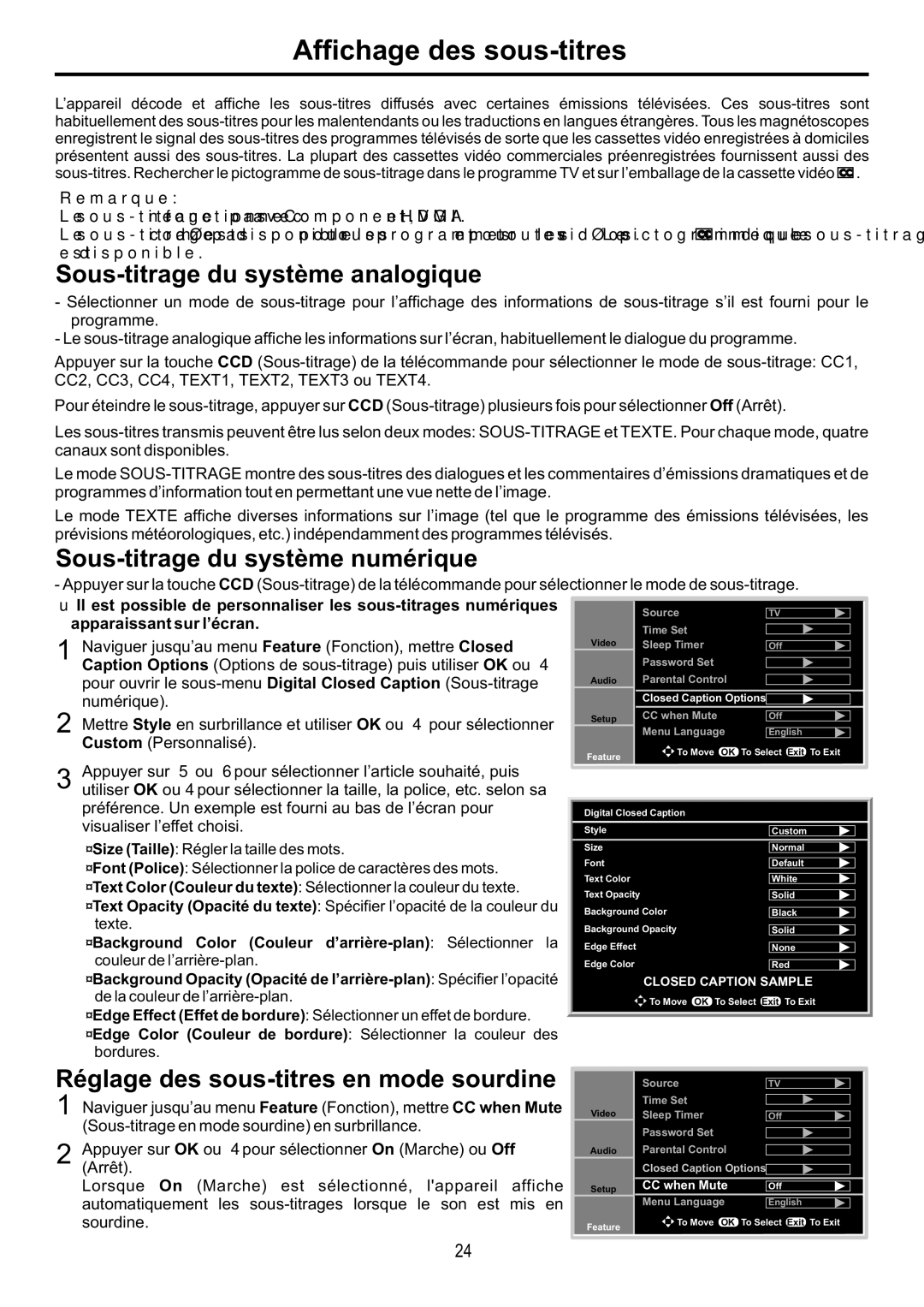 Audiovox FPE6317P manual Affichage des sous-titres, Sous-titrage du système analogique, Sous-titrage du système numérique 