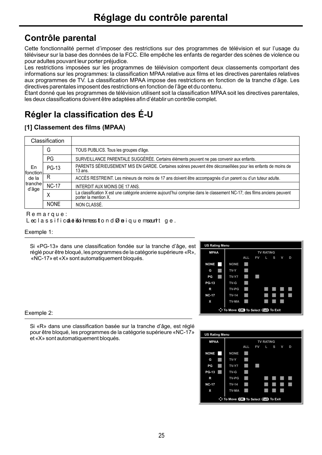 Audiovox FPE6317P manual Réglage du contrôle parental, Contrôle parental, Régler la classification des É-U 