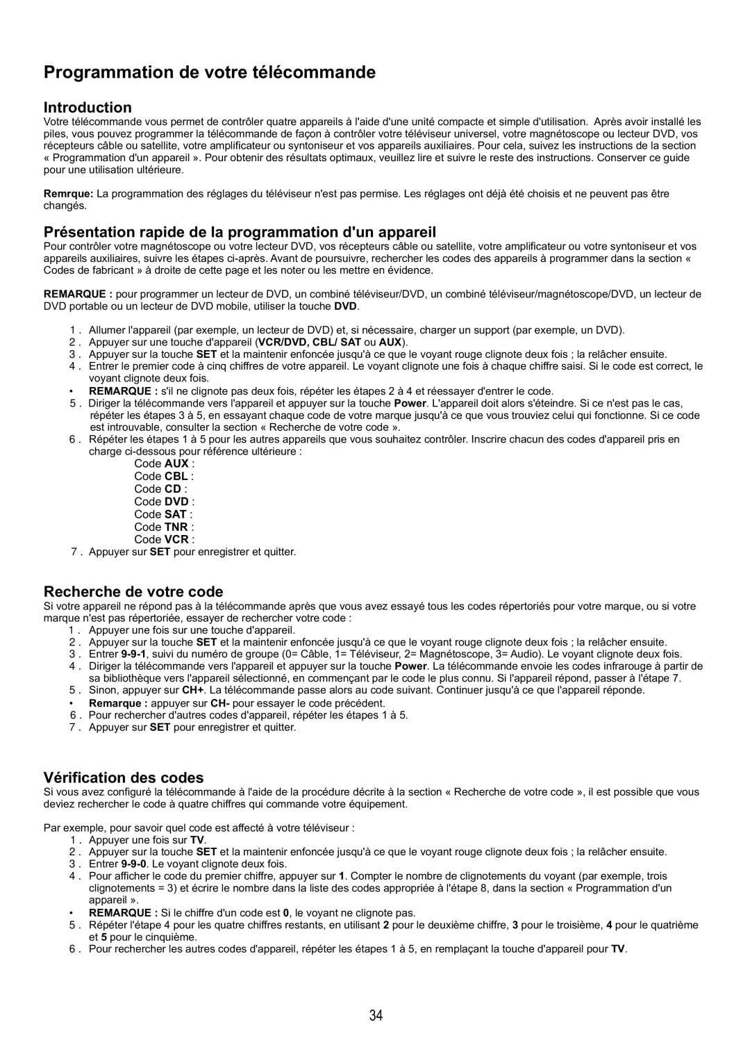 Audiovox FPE6317P Présentation rapide de la programmation dun appareil, Recherche de votre code, Vérification des codes 