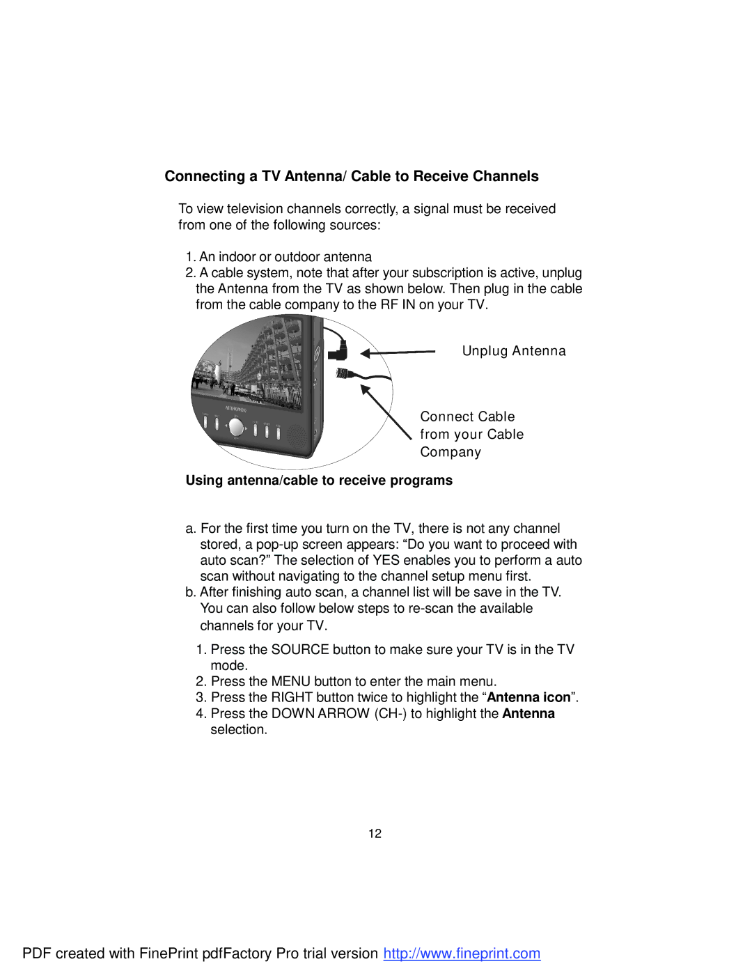 Audiovox FPE709 manual Connecting a TV Antenna/ Cable to Receive Channels 