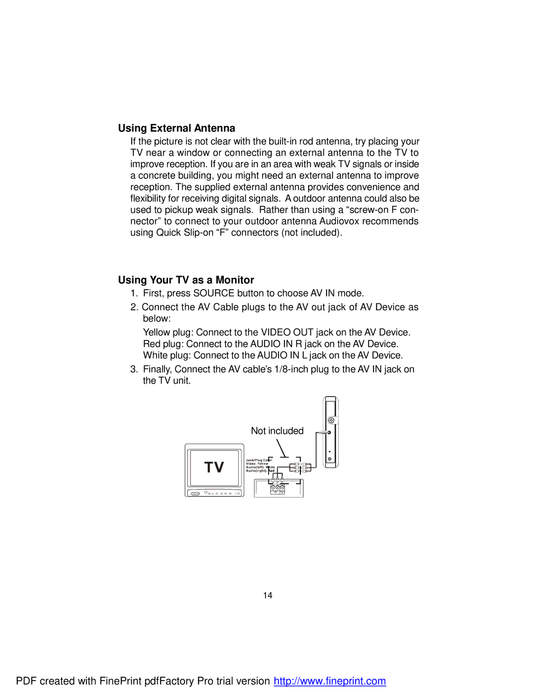 Audiovox FPE709 manual Using External Antenna 