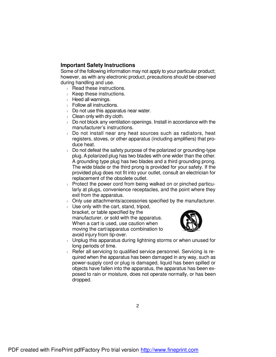 Audiovox FPE709 manual Important Safety Instructions 