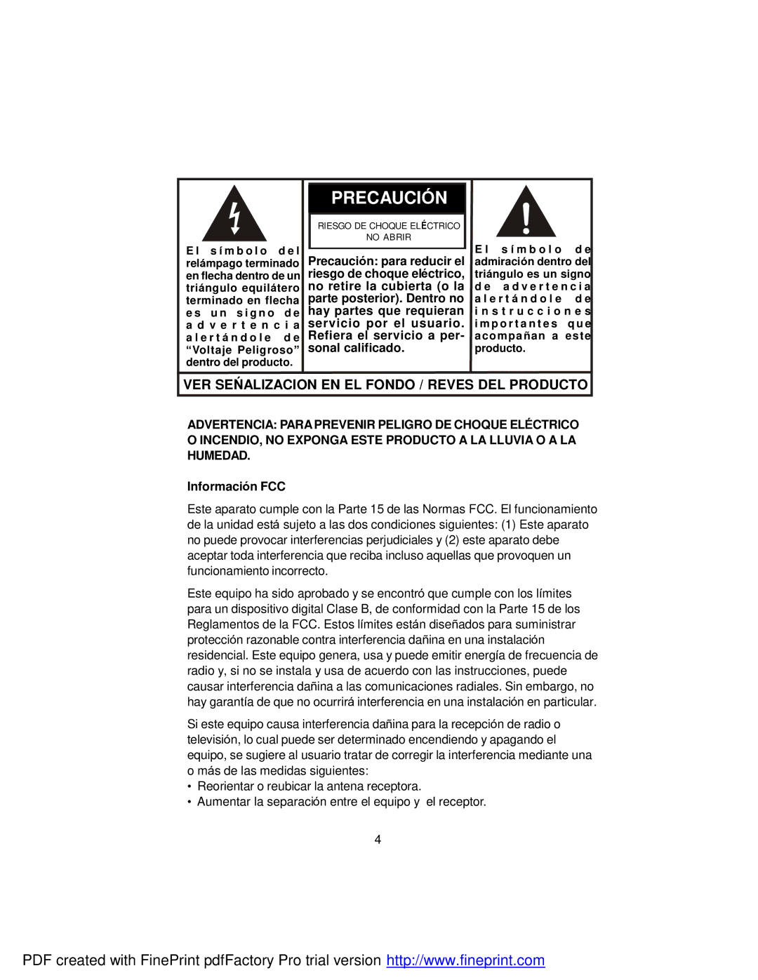 Audiovox FPE709 manual Precaución 