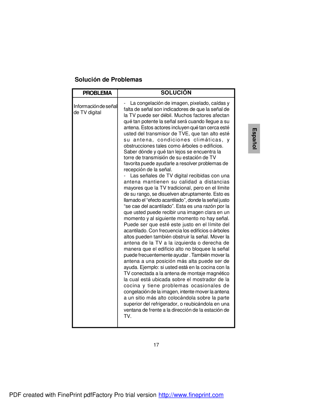 Audiovox FPE709 manual Problemasolución 