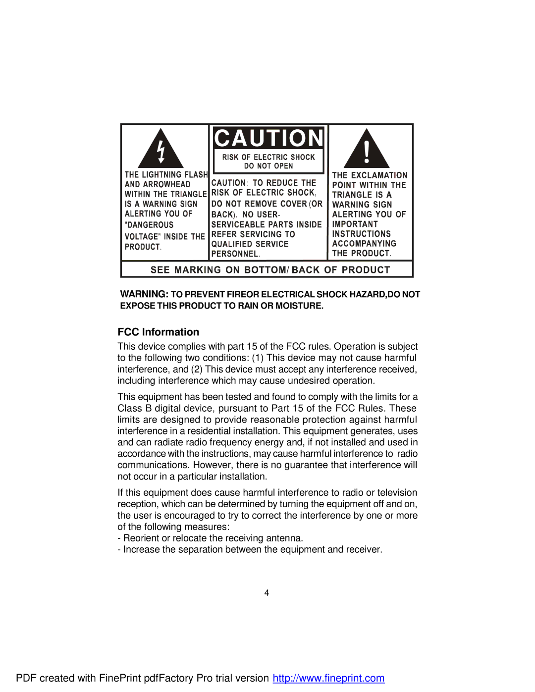 Audiovox FPE709 manual FCC Information 