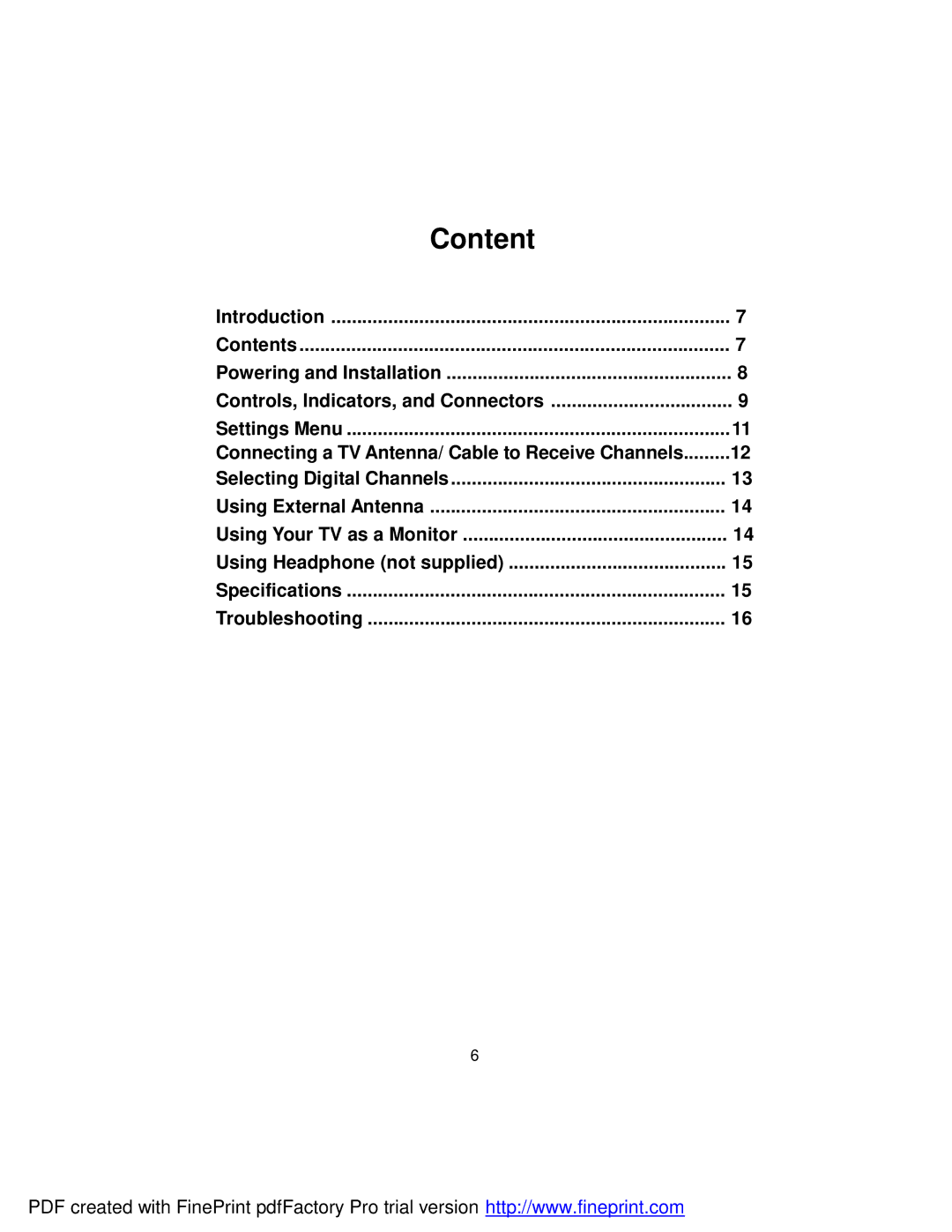 Audiovox FPE709 manual Content, Connecting a TV Antenna/ Cable to Receive Channels 