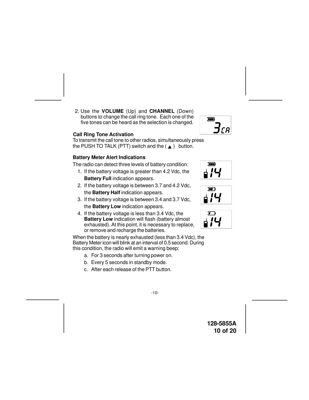 Audiovox FR-1400 manual Call Ring Tone Activation, Battery Meter Alert Indications 