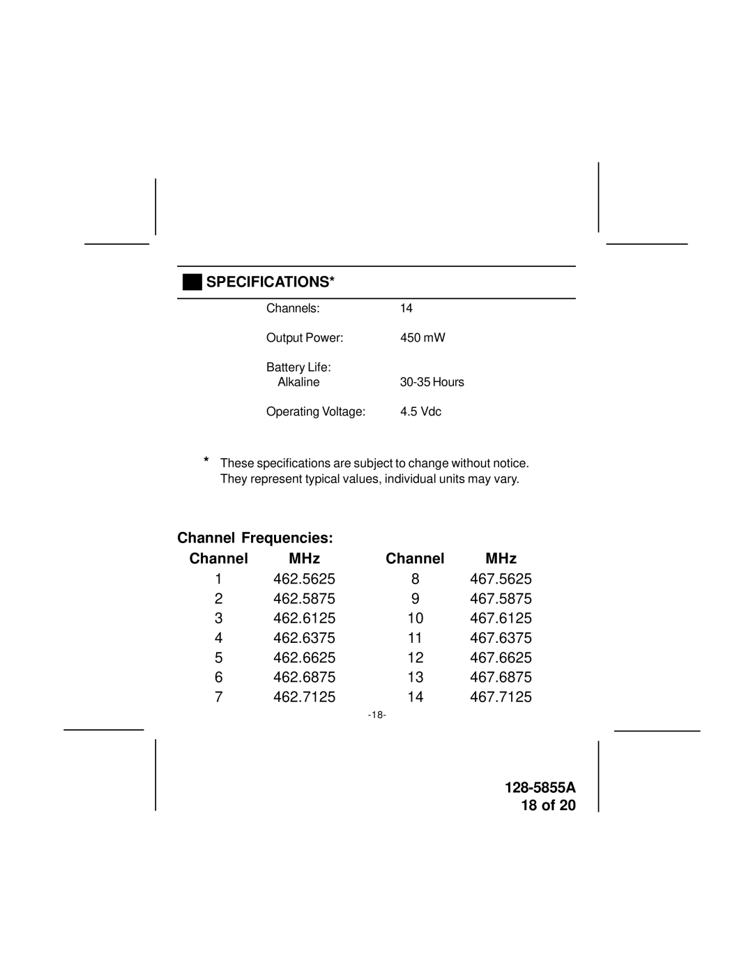 Audiovox FR-1400 manual Specifications, Channel Frequencies MHz 