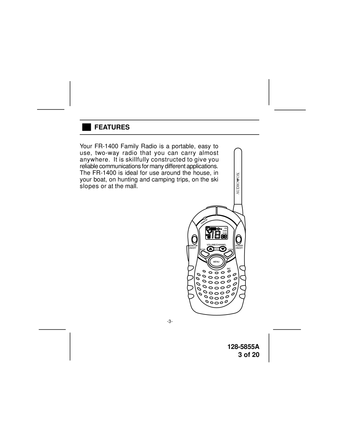 Audiovox FR-1400 manual Features 