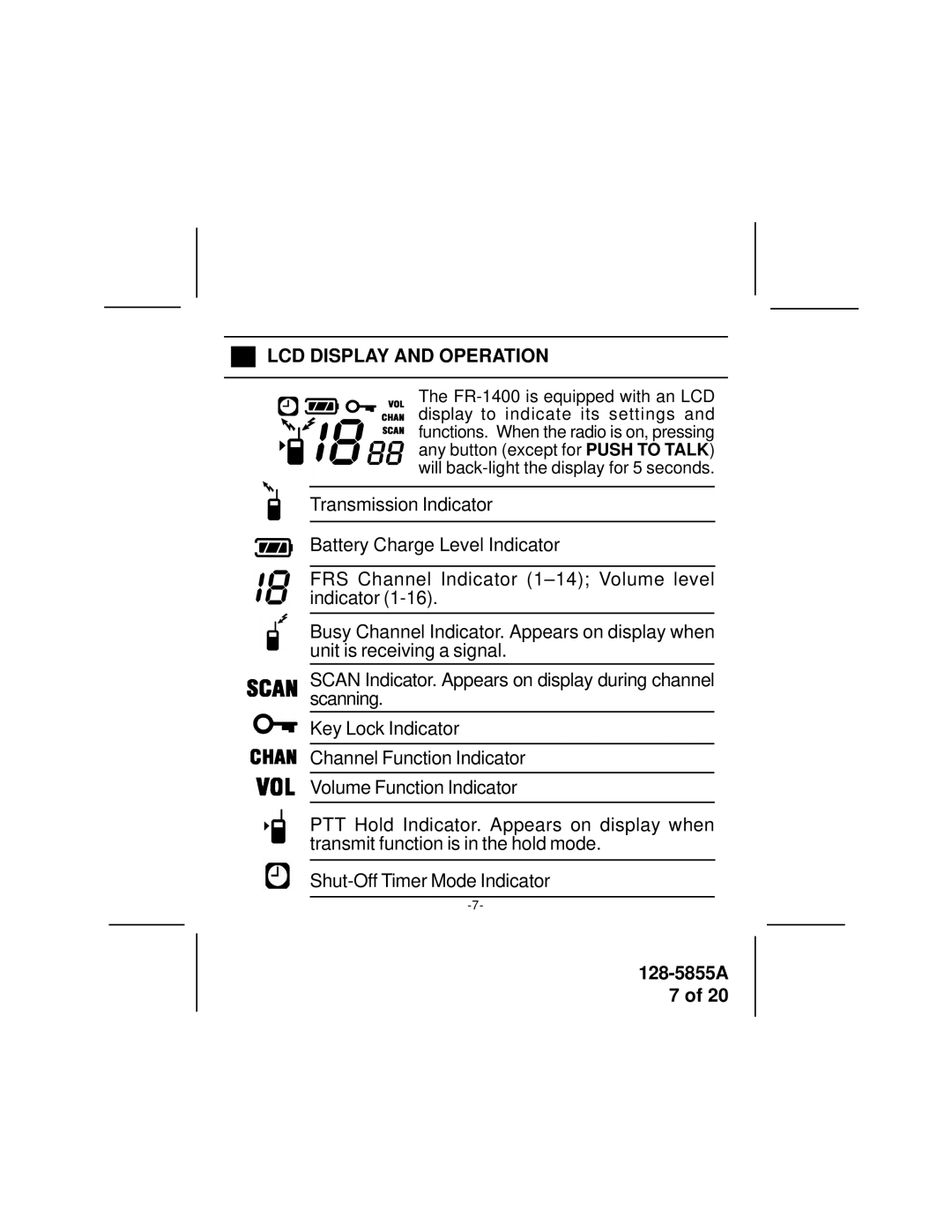 Audiovox FR-1400 manual LCD Display and Operation 