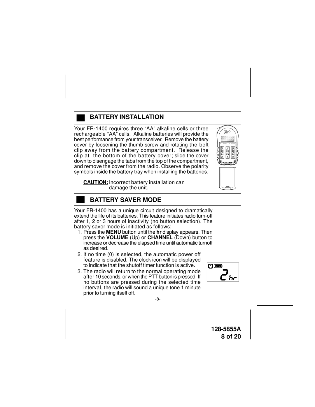 Audiovox FR-1400 manual Battery Installation, Battery Saver Mode 