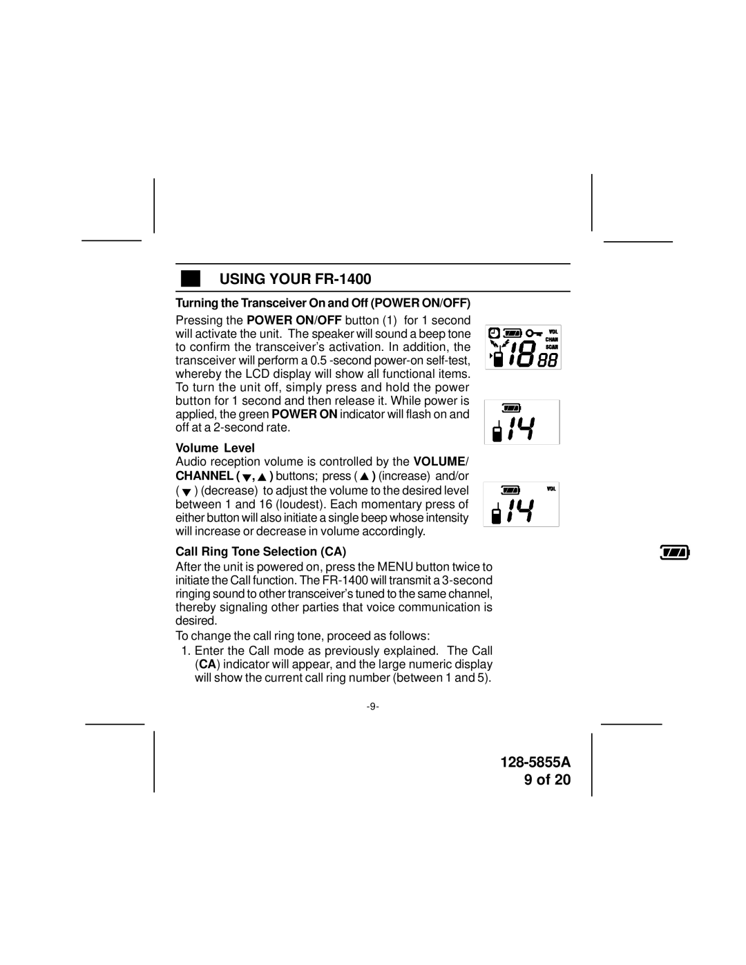 Audiovox Using Your FR-1400, Turning the Transceiver On and Off Power ON/OFF, Volume Level, Call Ring Tone Selection CA 