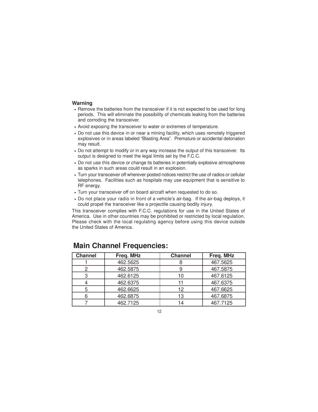 Audiovox FR-1438-2 owner manual Main Channel Frequencies, Channel Freq. MHz 