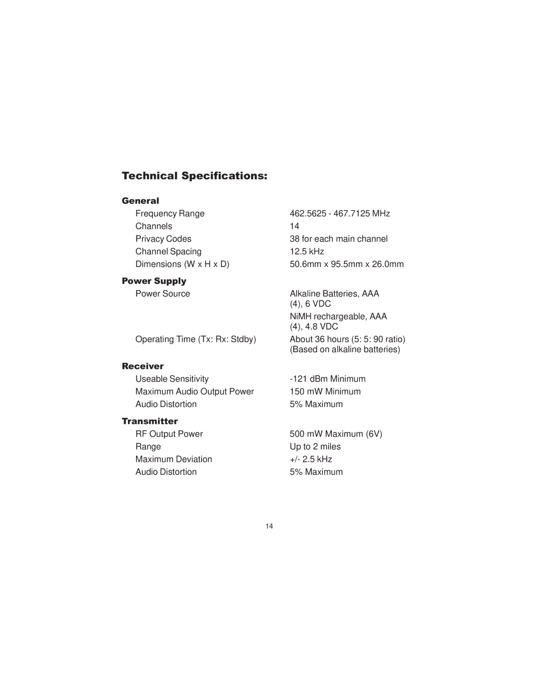 Audiovox FR-1438-2 owner manual Technical Specifications 