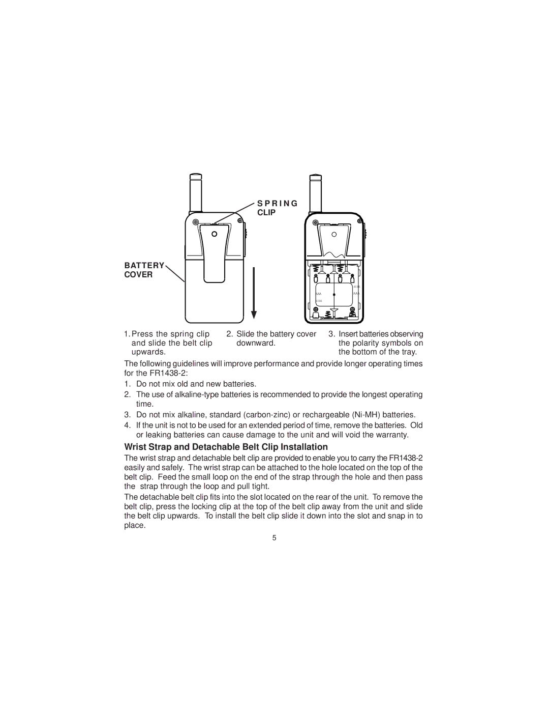 Audiovox FR-1438-2 owner manual Wrist Strap and Detachable Belt Clip Installation, Battery Cover R I N G Clip 