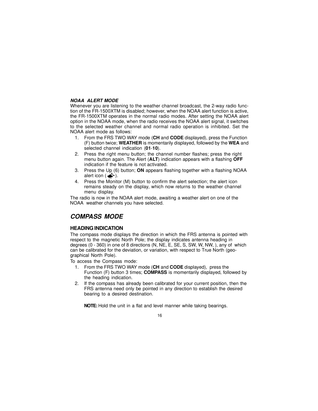 Audiovox FR-1500XTM, GMRS1500XT owner manual Compass Mode, Heading Indication, Noaa Alert Mode 