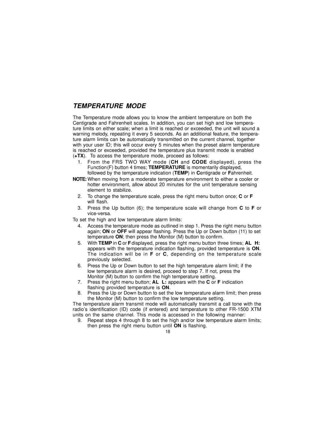 Audiovox FR-1500XTM, GMRS1500XT owner manual Temperature Mode 