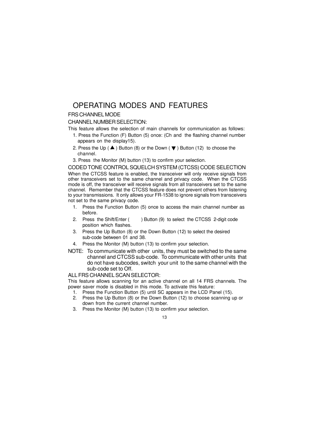 Audiovox FR-1538 FRS Channel Mode Channel Number Selection, Coded Tone Control Squelch System Ctcss Code Selection 