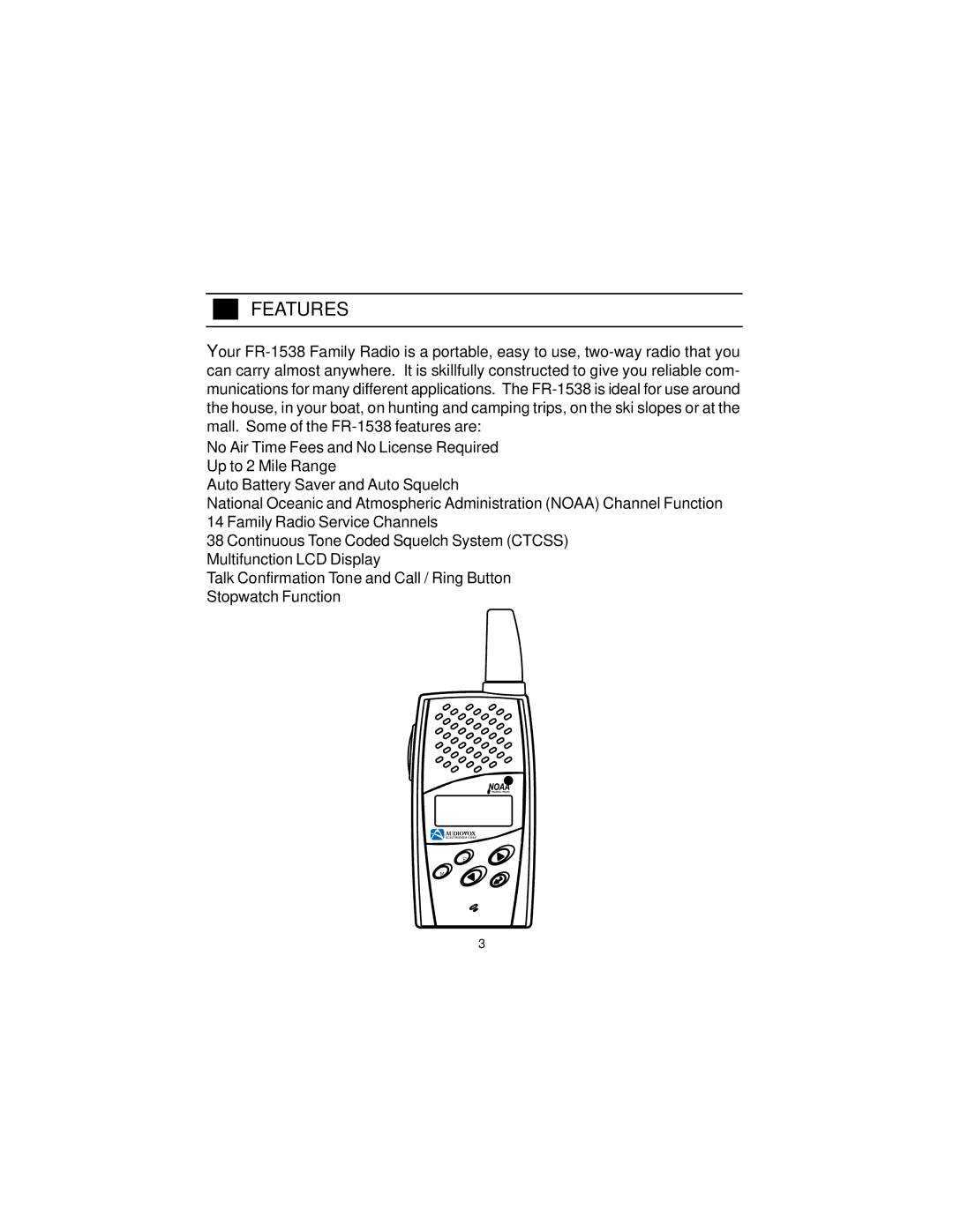 Audiovox FR-1538 owner manual Features 