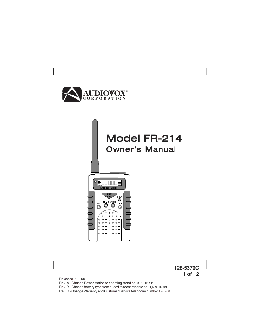 Audiovox warranty Model FR-214 