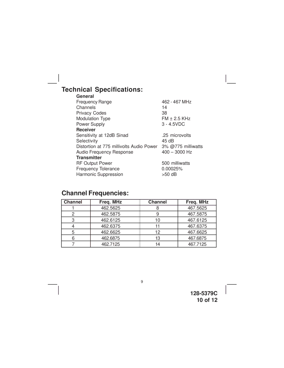 Audiovox FR-214 warranty Technical Specifications, Channel Frequencies 